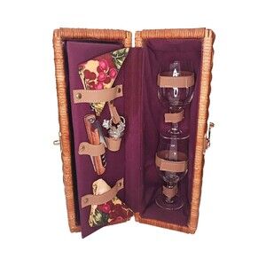 Vtg Wicker Picnic Time Barrel Basket Wine Bottle Tote Carrying Case Strap & More